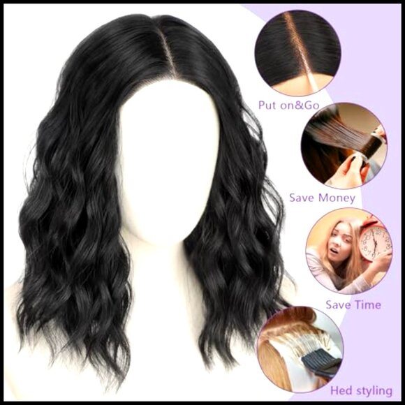 Shoulder Length Wavy Bob Synthetic Wig Pre-Cut Lace Heat Resistant Party Wear main image 5